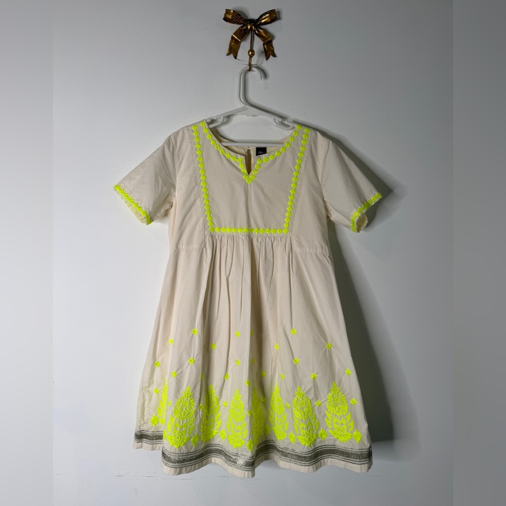 Tea Collection Cream Dress with Neon Yellow Embroidery